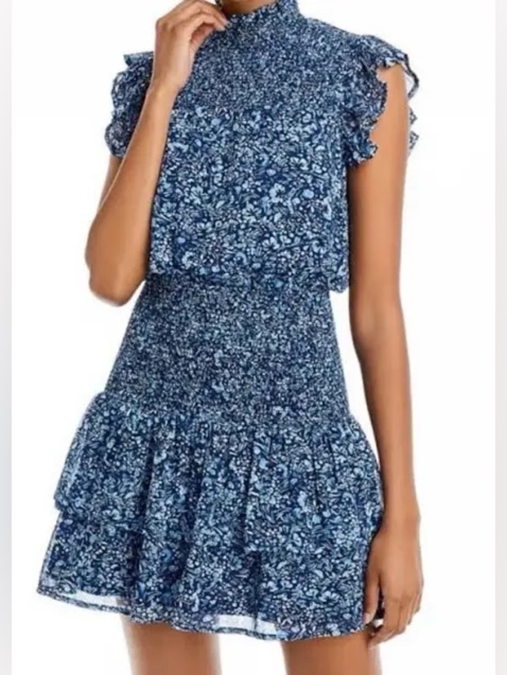 Aqua Navy Blue Floral Smocked Mini Dress